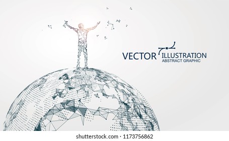 The man with open arms stands on the earth, conceptual graphic design.