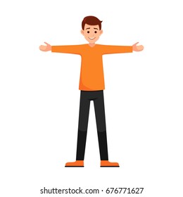 man with open arms.character in various poses: wide-open arms, welcoming posture, demonstrates something. vector illustration with isolated object