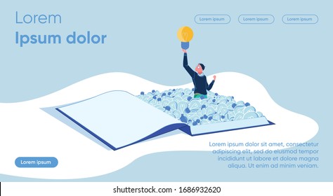 Man from an Open Book Raises Glowing Light Bulb. Use Information Communication Technologies in Educational Process. Information Technology. Ability to Receive Information from Different Sources.