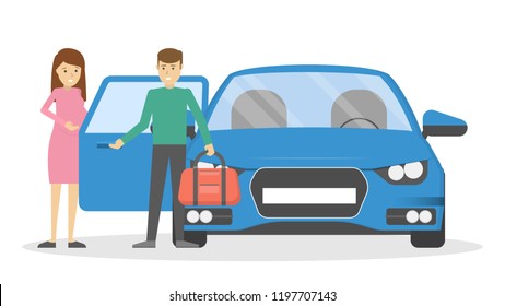 Man Open Car Or Taxi Door For Pregnant Woman. Guy Holding Opened Automobile Door For Wife. Isolated Flat Vector Illustration