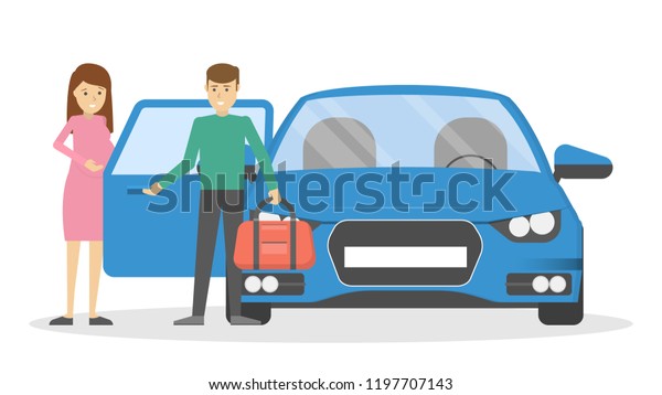 Man open car or taxi door for pregnant\
woman. Guy holding opened automobile door for wife. Isolated flat\
vector illustration