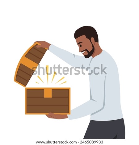 Man with open chest filled with treasures or jewels. Flat vector illustration isolated on white background