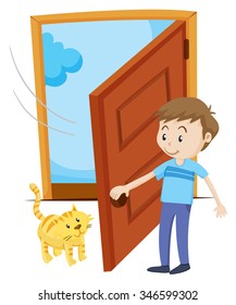 Man open the door for pet cat illustration