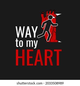 Man and open door with teart print.  Way to my heart slogan. Vector illustration