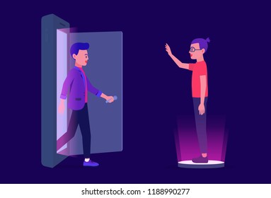 Man open the door and walking out of mobile and found his friend. Illustration about friend online.