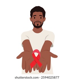 Man with open hands presents a red ribbon, awareness, support for World AIDS Day and related causes. Flat vector illustration isolated on white background