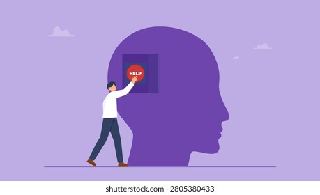 Man open head to push emergency help button. Mental health support, help or psychotherapy, relaxation to reduce anxiety, stress or suicide prevention, depression or mental illness treatment concept.