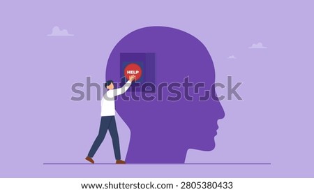 Man open head to push emergency help button. Mental health support, help or psychotherapy, relaxation to reduce anxiety, stress or suicide prevention, depression or mental illness treatment concept.