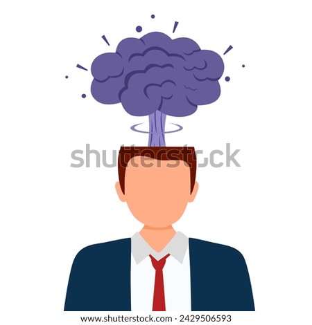 Man with an open head from which appears of a nuclear explosion cloud. Explosive brain. Blow your mind. Angry businessman.