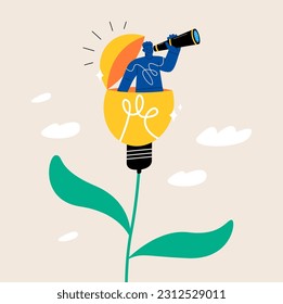 Man open lightbulb idea using binoculars to see business vision. searching for success concept. Colorful vector illustration
