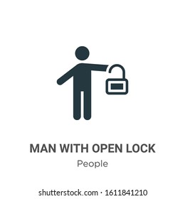 Man with open lock glyph icon vector on white background. Flat vector man with open lock icon symbol sign from modern people collection for mobile concept and web apps design.