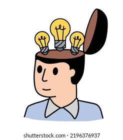 Man with open mind. Concept of idea, knowledge and learning. Light bulb in empty head. Psychological development. Outline cartoon illustration