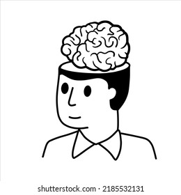 Man with open mind. Concept of knowledge and learning. Brain in empty head. Psychological development. Outline cartoon illustration