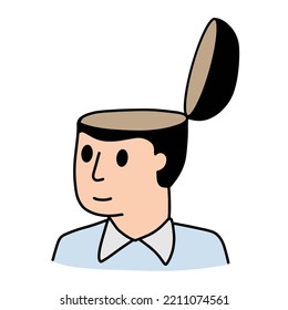Man with open mind. Empty head. Concept of readiness for knowledge. Creative thinking. Outline cartoon illustration