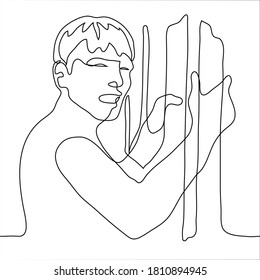 Man With An Open Mouth Holds On To The Thick Bars Of The Lattice. One Continuous Line Drawing Of A Prisoner Imprisoned And Suffering.