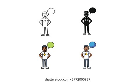 A man with an open mouth and a speech bubble, conveying speech, surprise, or communication. Available in various styles for versatile usage.