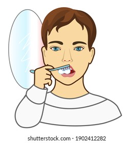 man with open mouth that is brushing teeth using a toothbrush and a toothpaste, colored emoticon, vector emoji in color on white isolated background
