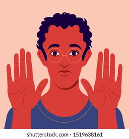 Man with open palms forward. The guy is against. Gesture of stop. Negation. Give up. Renouncement. Vector flat illustration