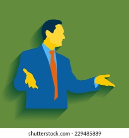 A man with open palms of hands. Manager. Head, Director. Politician, speaker, teacher. Flat style. Gesture of trust. non-verbal design. Icon. Vector.