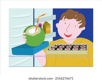 Man Open Refrigerator for Food. Overeating Guilty Pleasure. Late Snack on Midnight.Unhealthy Bad Habbits in Vector Illustration. Overweight Diet. Junk Food Addiction Banner Image.