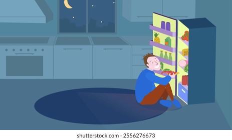 Man Open Refrigerator for Food. Overeating Guilty Pleasure. Late Snack on Midnight.Unhealthy Bad Habbits in Vector Illustration. Overweight Diet. Junk Food Addiction Banner Image.