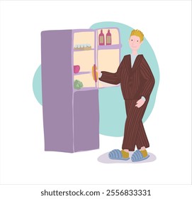 Man Open Refrigerator for Food. Overeating Guilty Pleasure. Late Snack on Midnight.Unhealthy Bad Habbits in Vector Illustration. Overweight Diet. Junk Food Addiction Banner Image.