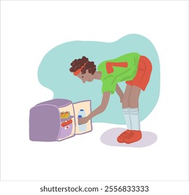 Man Open Refrigerator for Food. Overeating Guilty Pleasure. Late Snack on Midnight.Unhealthy Bad Habbits in Vector Illustration. Overweight Diet. Junk Food Addiction Banner Image.