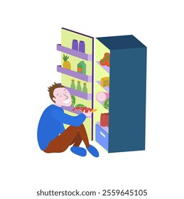 Man Open Refrigerator for Food. Overeating Guilty Pleasure. Late Snack on Midnight.Unhealthy Bad Habbits in Vector Illustration. Overweight Diet. Junk Food Addiction Banner Image.