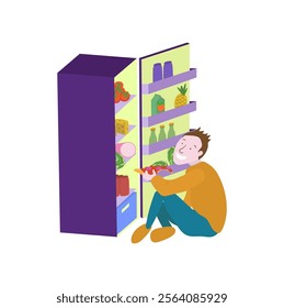 Man Open Refrigerator for Food. Overeating Guilty Pleasure. Late Snack on Midnight.Unhealthy Bad Habbits in Vector Illustration. Overweight Diet. Junk Food Addiction Banner Image.