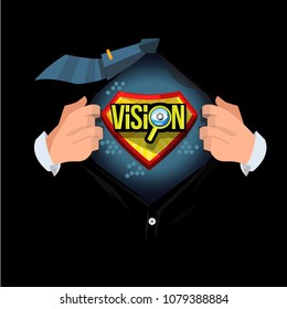 Man open shirt ro show "Vision" logotype in cartoon style - vector illustration