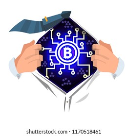man open shirt to show "bitcoin" icon in cartoon or comic style - vector illustration