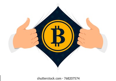 Man open shirt to show "bitcoin" sign in flat cartoon style. Open shirt, cryptography mining concept