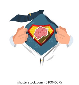 man open shirt to show brain  in comic style. super clever concept - vector illustration