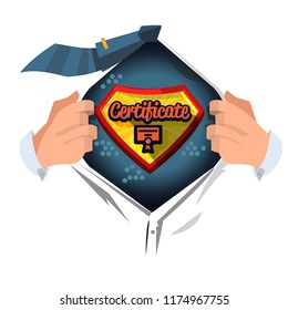 man open shirt to show "certificate" icon - vector illustration 