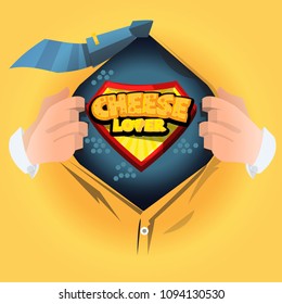 man open shirt to show " Cheese" logotype. cheese lover or master concept - vector illustration