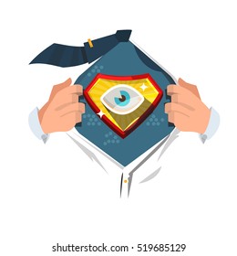 man open shirt to show eye icon, super eyes. intelligent or security concept - vector illustration