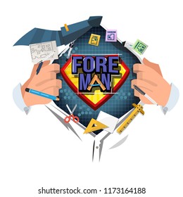 man open shirt to show "foreman" logotype with graphic element - vector illustration