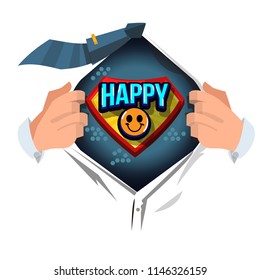 man open shirt to show "happy" typographic in comic style - vector illustration