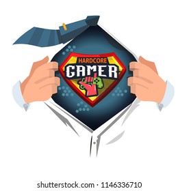 man open shirt to show "hardcore gamer" logotype in hero style - vector illustration