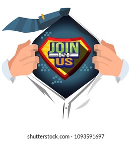 man open shirt to show "join me" logotype with hand shake icon - vector illustration