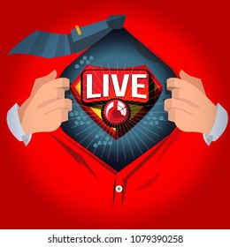 man open shirt to show "Live Broadcasting or Live straming" logotype in comic style - vector illustration
