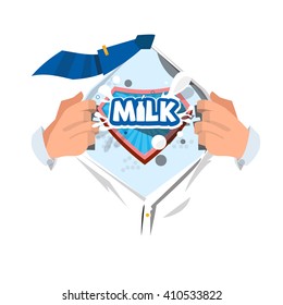 Man open shirt to show "Milk" typographic in comic style - vector illustration