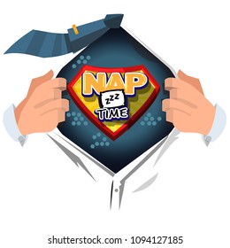 man open shirt to show "nap time" logotype on comic style - vector illustration