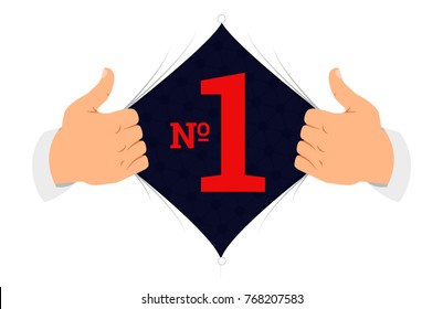 Man open shirt to show "number one" sign in flat cartoon style. Open shirt, primacy and ambition concept