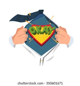 man open shirt to show "Okay Typographic design"  - vector illustration