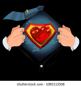 man open shirt to show "Painful or hurt heart" in cartoon style. Broken heart concept - vector illustration