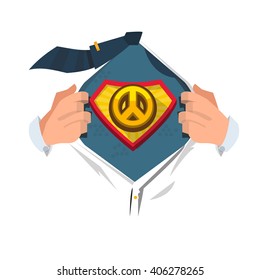 Man open shirt to show " PEACE " icon in hero style - vector illustration