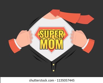 Man open shirt to show shield badge with text. Super Mom sign. Vector illustration.