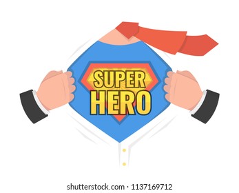 Man open shirt to show shield badge with text. Super Hero sign. Vector illustration.