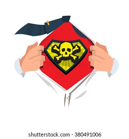 Man open shirt to show skull and bone symbol in hero style. Symbol of death concept. man of death - vector illustration